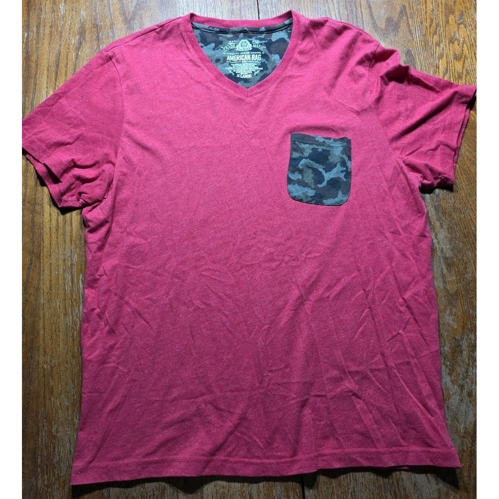 American Rag T-Shirt Mens XL Red Camo Pocket V-Neck Short Sleeve Tee